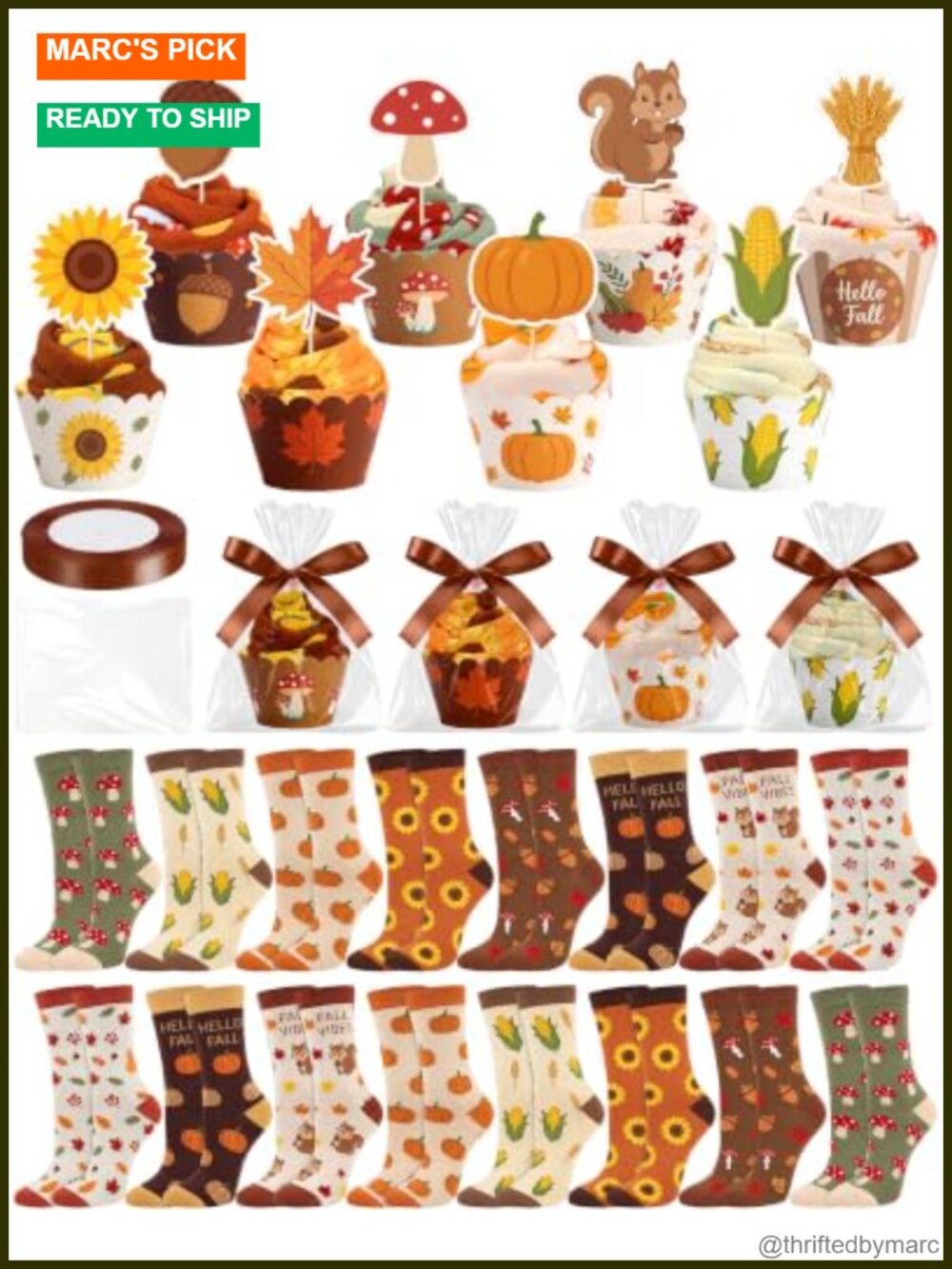 16 Pair Fall Cupcake Socks Set with Decor Toppers & Gift Bags